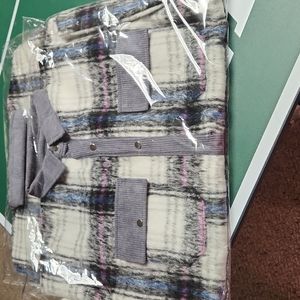 Long Sleeve Button Up Shacket, gray, white, pink, and blue. Size Large